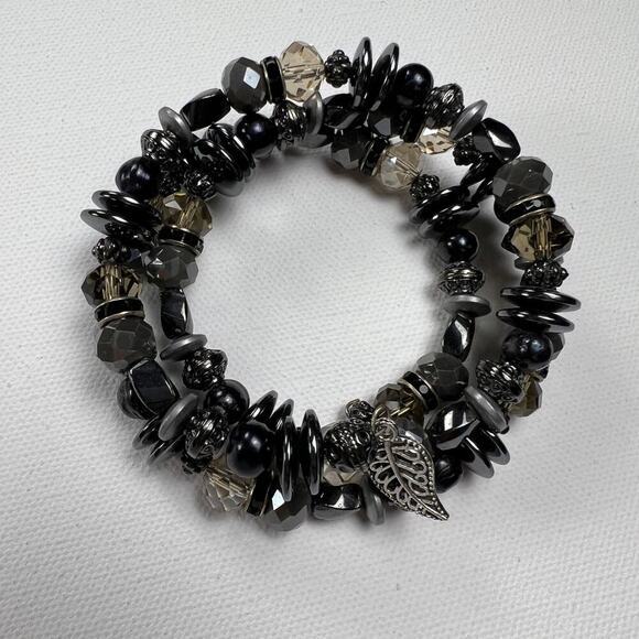 Handmade Beaded Coil Bracelet Mixed Metals and Glass Black Hematite Style - Picture 2 of 8